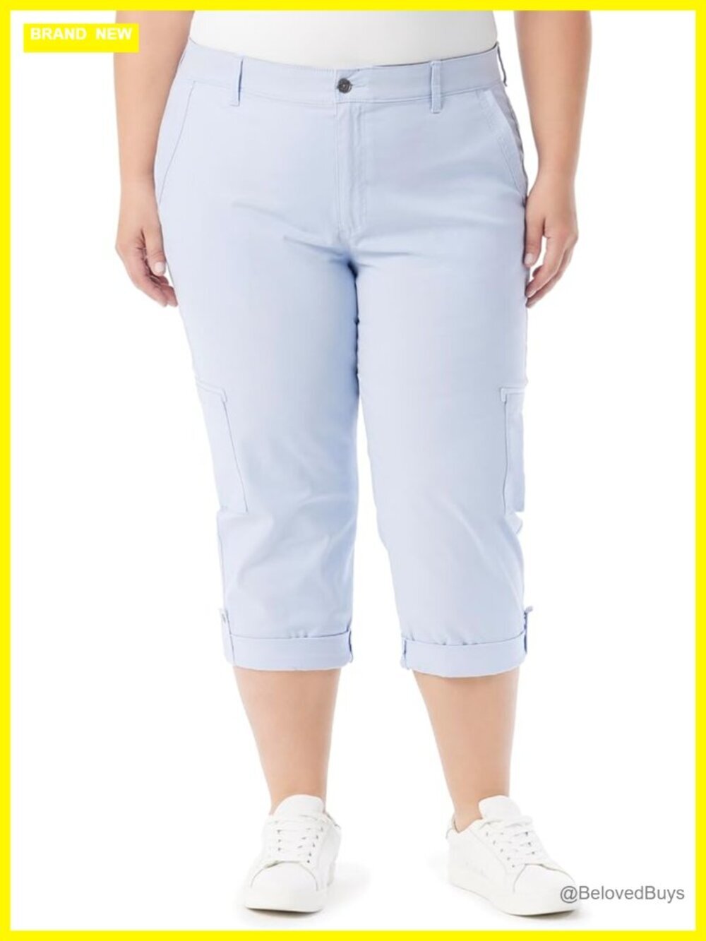 High Rise Cargo Capri with Zip Front, Elastic Waist, 6 Pockets, Cotton Spandex